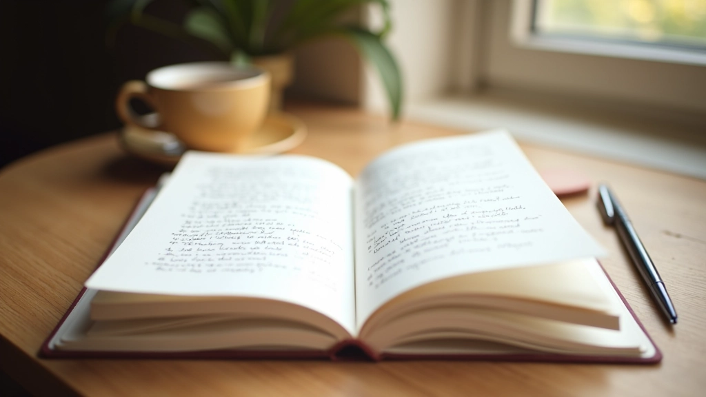 Notizbuch mit handgeschriebenen Notizen auf Holztisch, Tasse, Stift