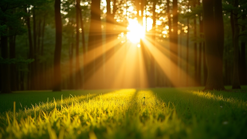 Morgensonne bricht durch Bäume, Lichtstrahl auf grünem Gras, Symbol für Neuanfang