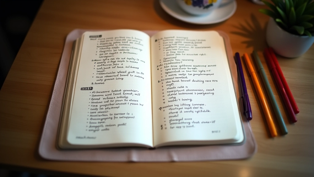 Tagebuch mit farbigen Markierungen und Notizen, organisierte Gedanken visualisiert, Schreibtisch mit Tee