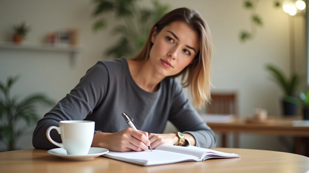 Person schreibt in Notizbuch, konzentriert, helles Tageslicht, Kaffeepause, produktive Atmosphäre