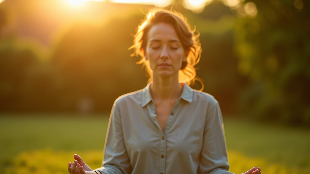 Ruhige Meditationsszene mit Person in natürlicher Umgebung, warmes Licht, friedliche Atmosphäre