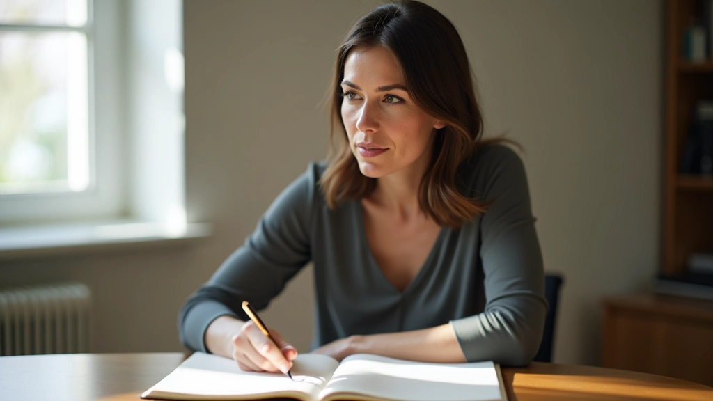 Person sitzt am Schreibtisch mit Tagebuch und Stift, natürliches Licht durch Fenster, konzentriert und ruhig