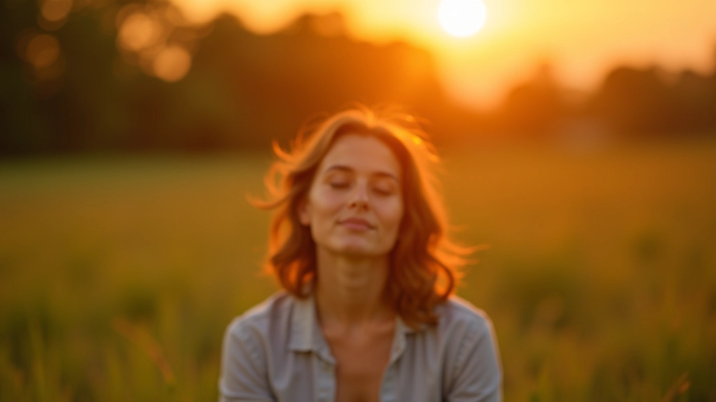 Entspannte Person in Natur, Sonnenuntergang, innere Ruhe ausstrahlen