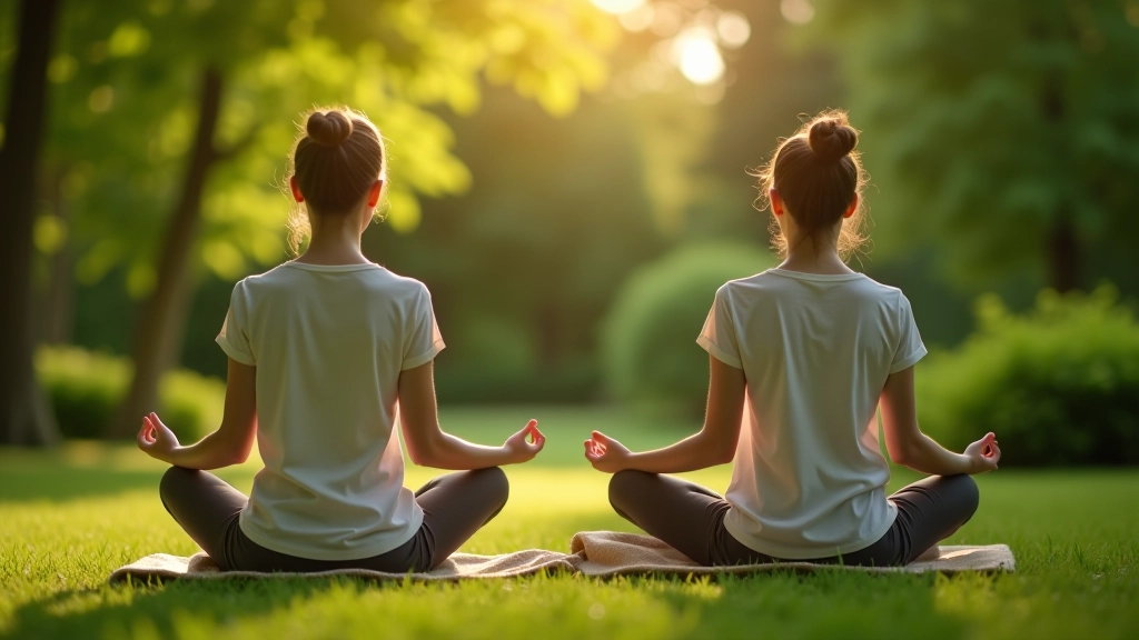 Gruppe sitzt in Meditationshaltung, ruhige Atmosphäre, Natur-Hintergrund