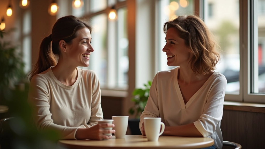 Zwei Menschen sitzen im Gespräch bei Kaffee, entspannt, lächelnd, warme Atmosphäre, Fenster mit Naturlicht