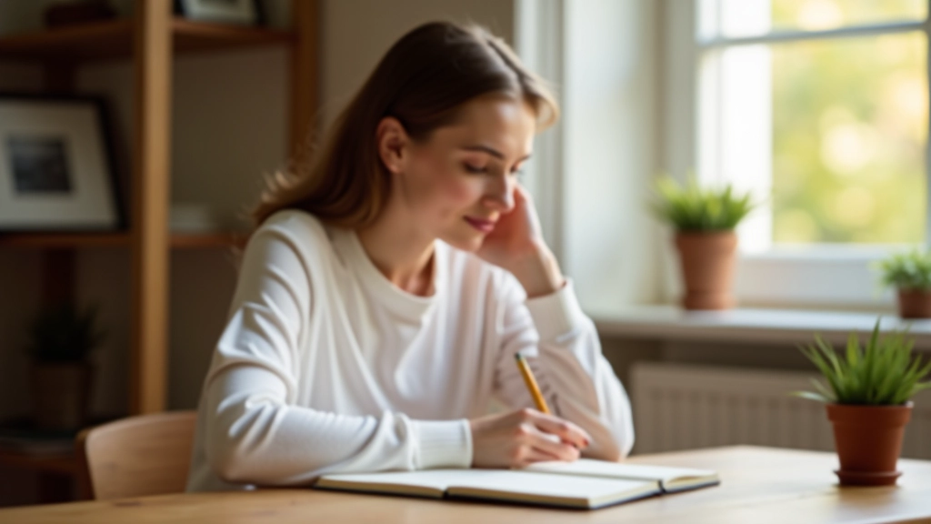 Frau schreibt in ein Tagebuch, konzentrierter Ausdruck, warmes Licht durch ein Fenster