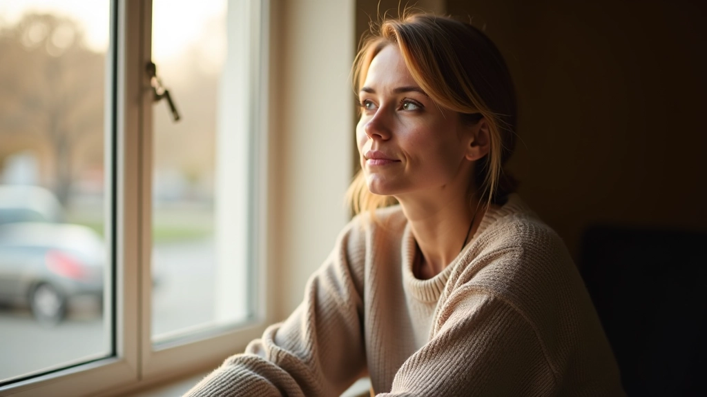 Person, die nachdenklich am Fenster sitzt, warmes Licht, ruhige Umgebung, Entspannungsmoment