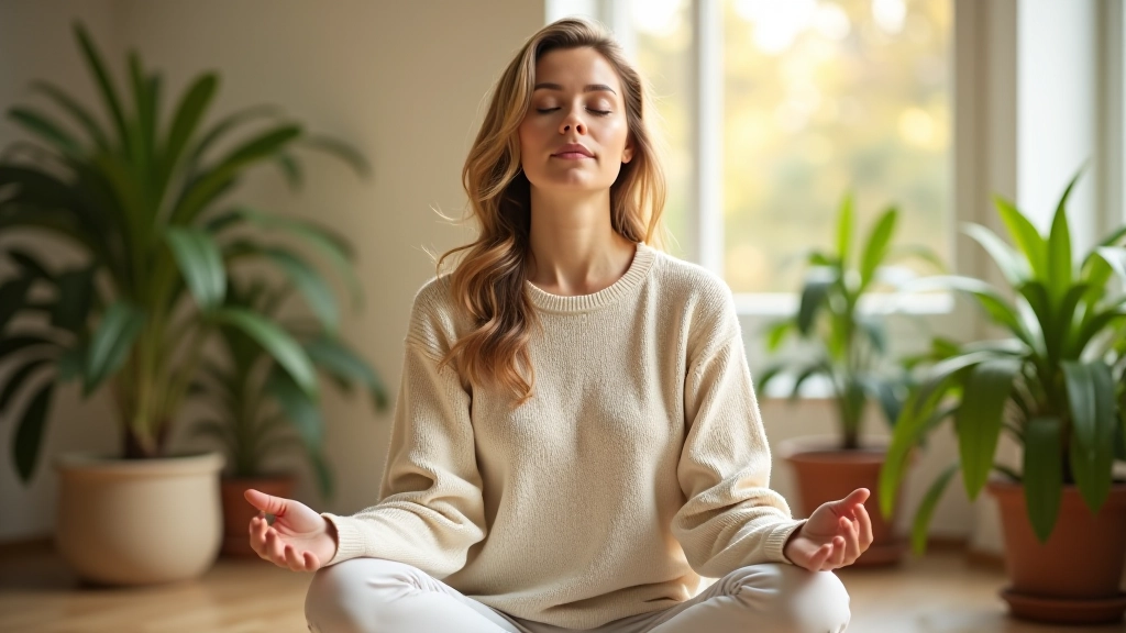 Frau sitzt in ruhiger Umgebung, meditiert mit geschlossenen Augen, natürliches Licht