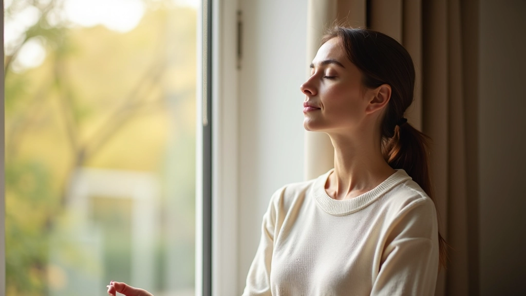 Frau sitzt am Fenster mit geschlossenen Augen, praktiziert Atemübung, natürliches Licht fällt herein