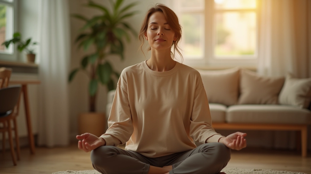 Meditation und Achtsamkeit, Person in ruhiger Pose, warmes Licht, innere Ruhe visualisiert